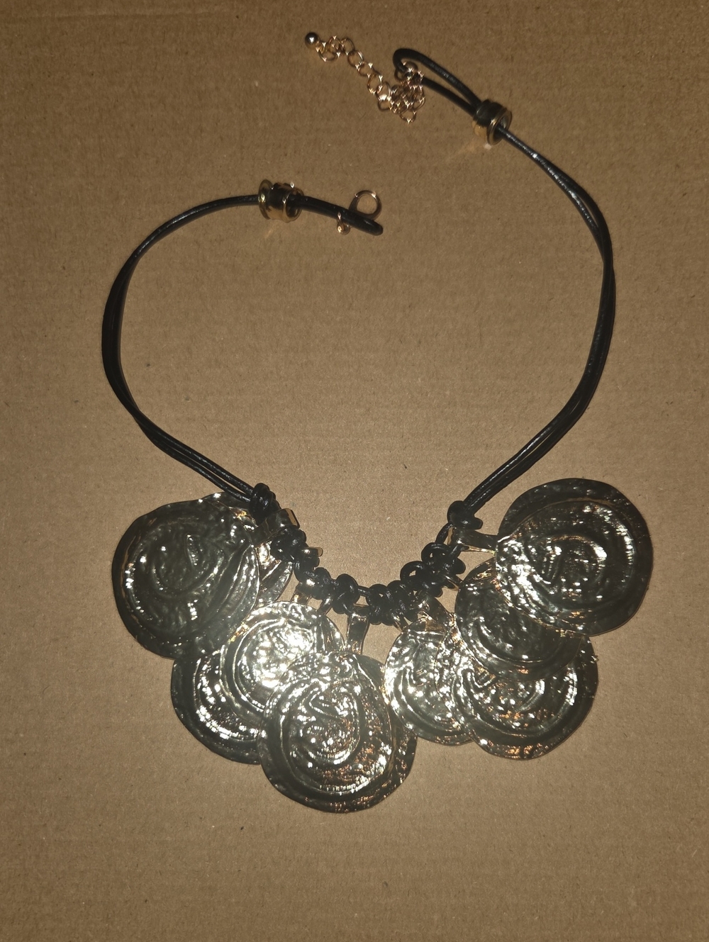 Gold Disc Statement Necklace with Black Cord